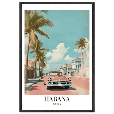 Habana Cuba Framed Poster – Vintage Pink Car Travel Art with Wooden Frame - Vibrantwalls
