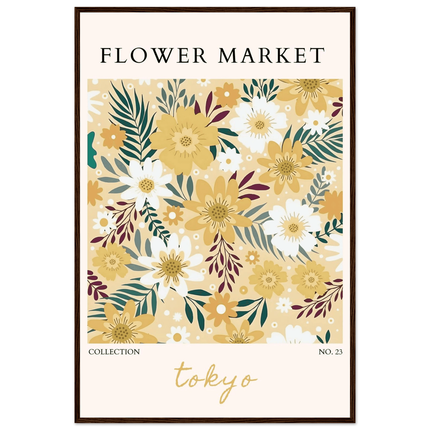 Tokyo Flower Market Framed Poster – Botanical Golden & White Floral Print | Ready-to-Hang Wall Art - Vibrantwalls