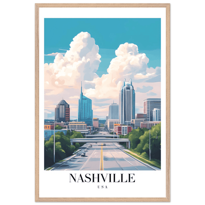 Nashville USA Cityscape Framed Poster – Modern Travel Wall Art with Wooden Frame & Your Choice of Size - Vibrantwalls