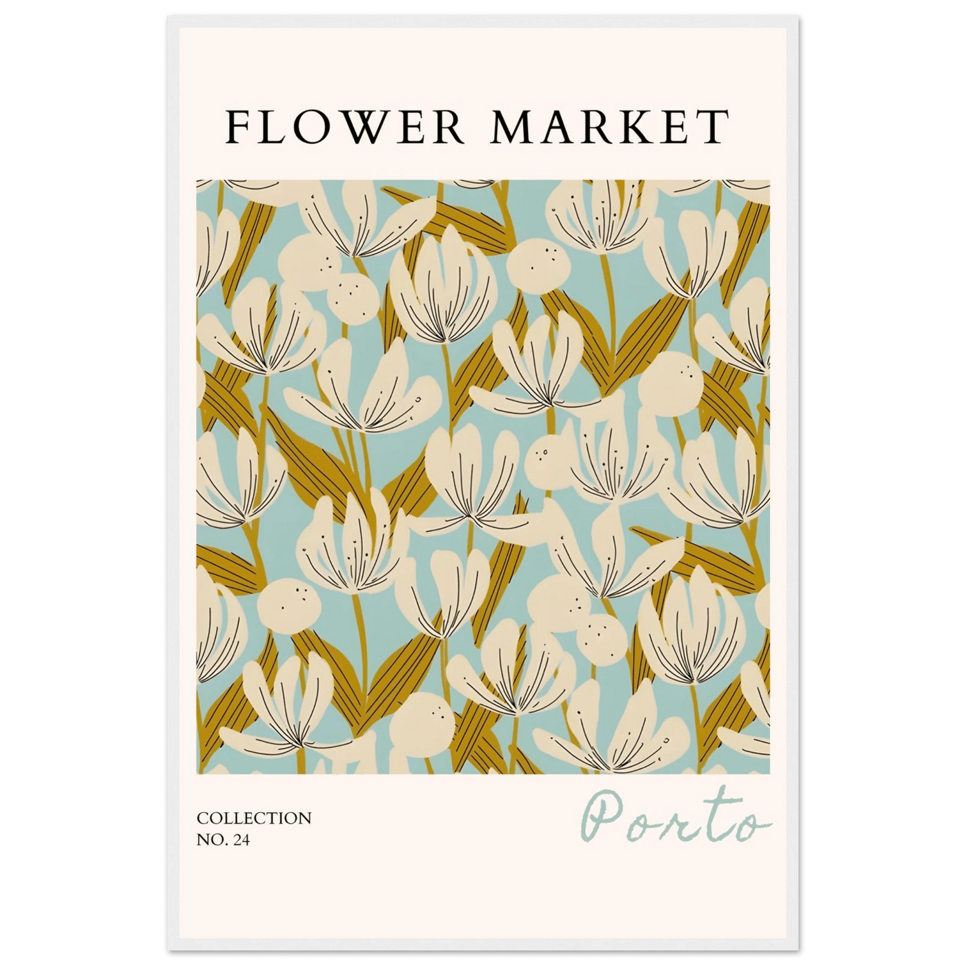 Flower Market Porto Abstract Floral Framed Poster | Calming Blue & Gold Botanical Art Print, Ready-to-Hang - Vibrantwalls