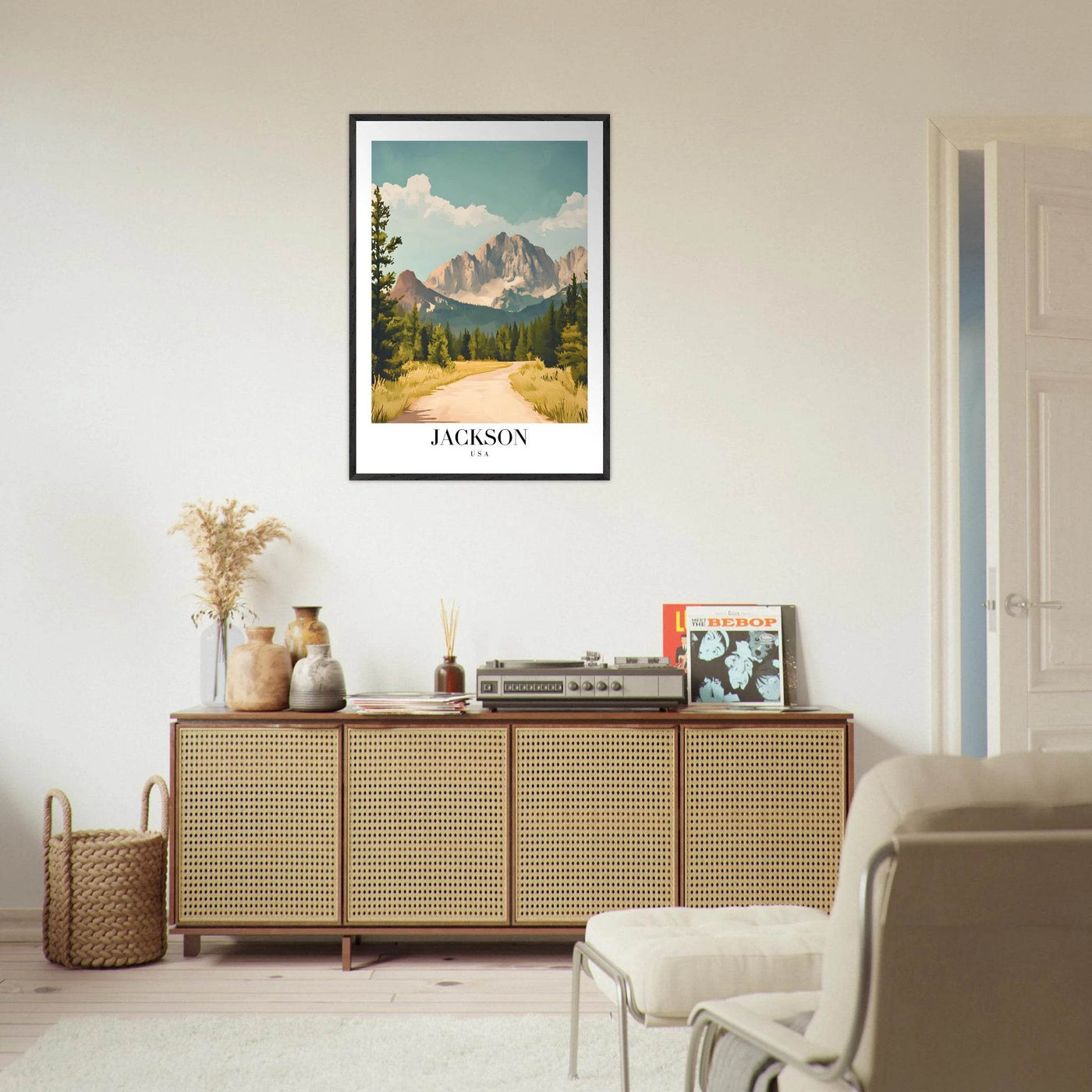 Jackson USA Mountain Landscape Framed Poster – Vintage Travel Wall Art with Wooden Frame - Vibrantwalls