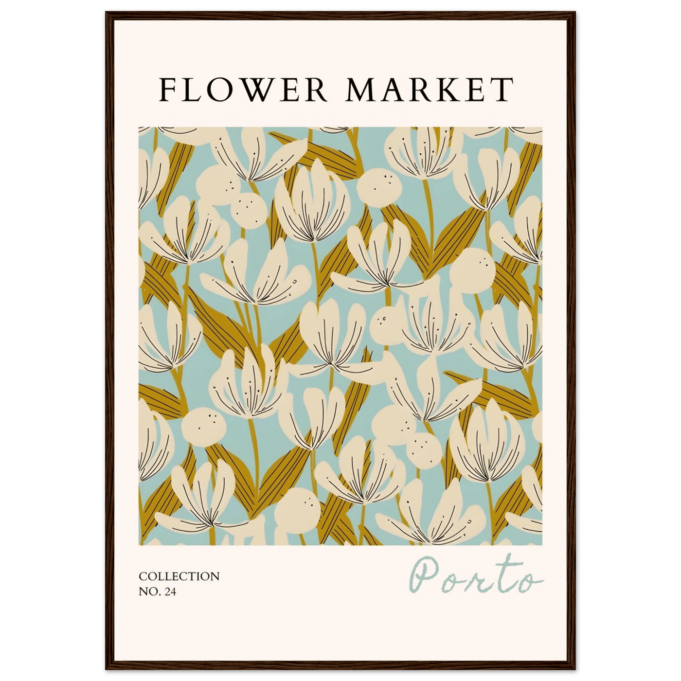Flower Market Porto Abstract Floral Framed Poster | Calming Blue & Gold Botanical Art Print, Ready-to-Hang - Vibrantwalls