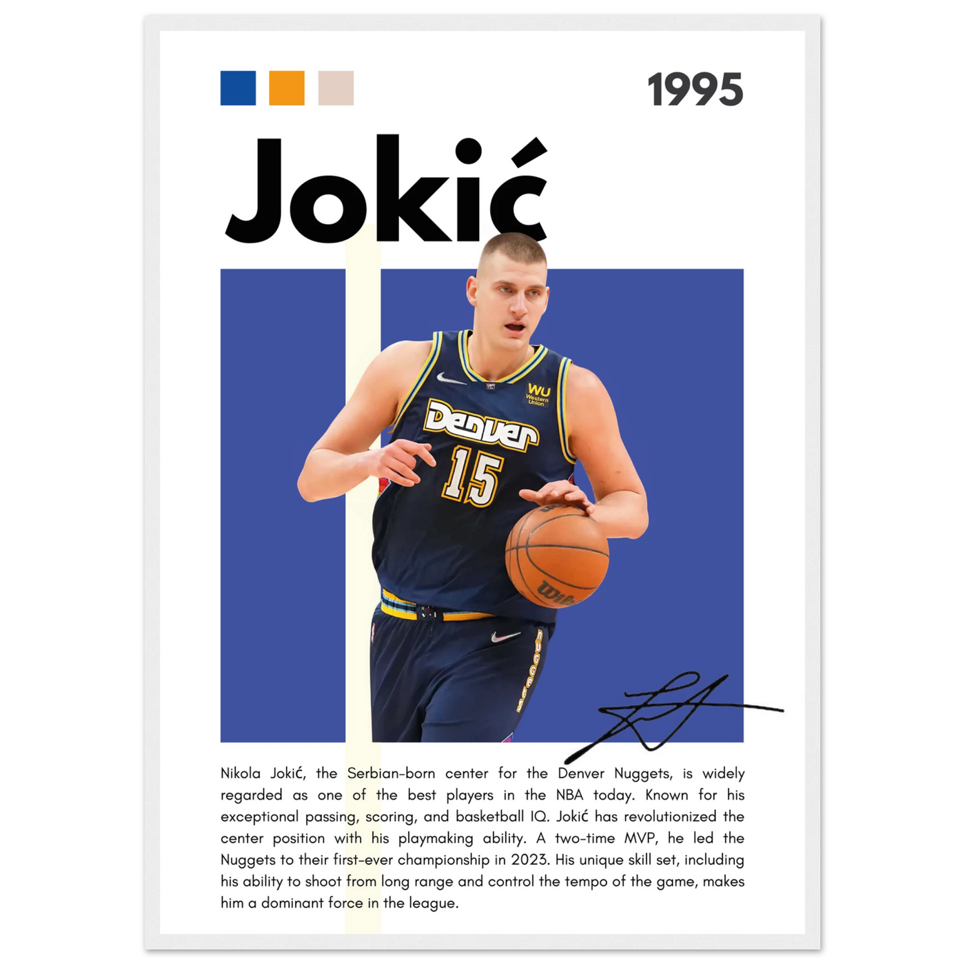Nikola Jokic Joker Nuggets Minimalist Art Print 50x70 cm 20x28″ White frame Vibrantwalls