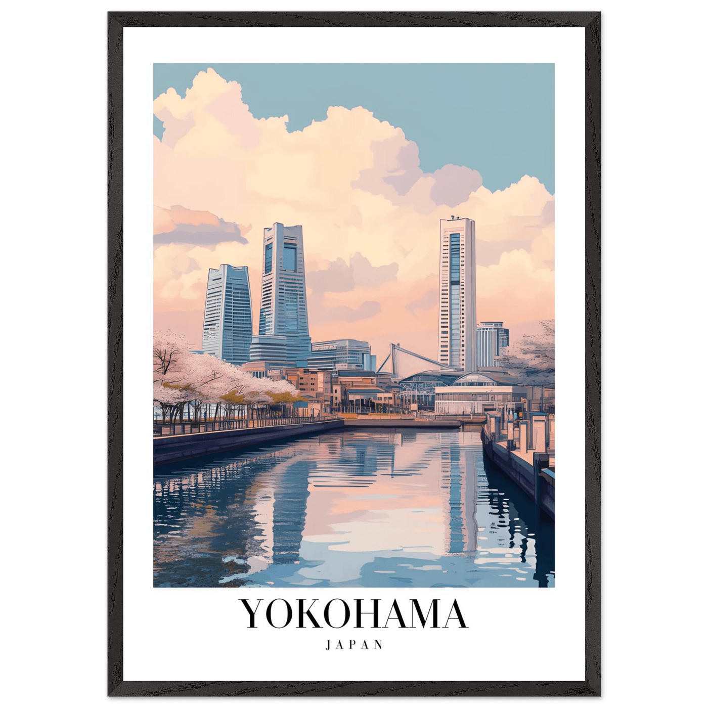 Yokohama Japan Framed Poster – Serene Pastel Cityscape Wall Art with Wooden Frame - Vibrantwalls