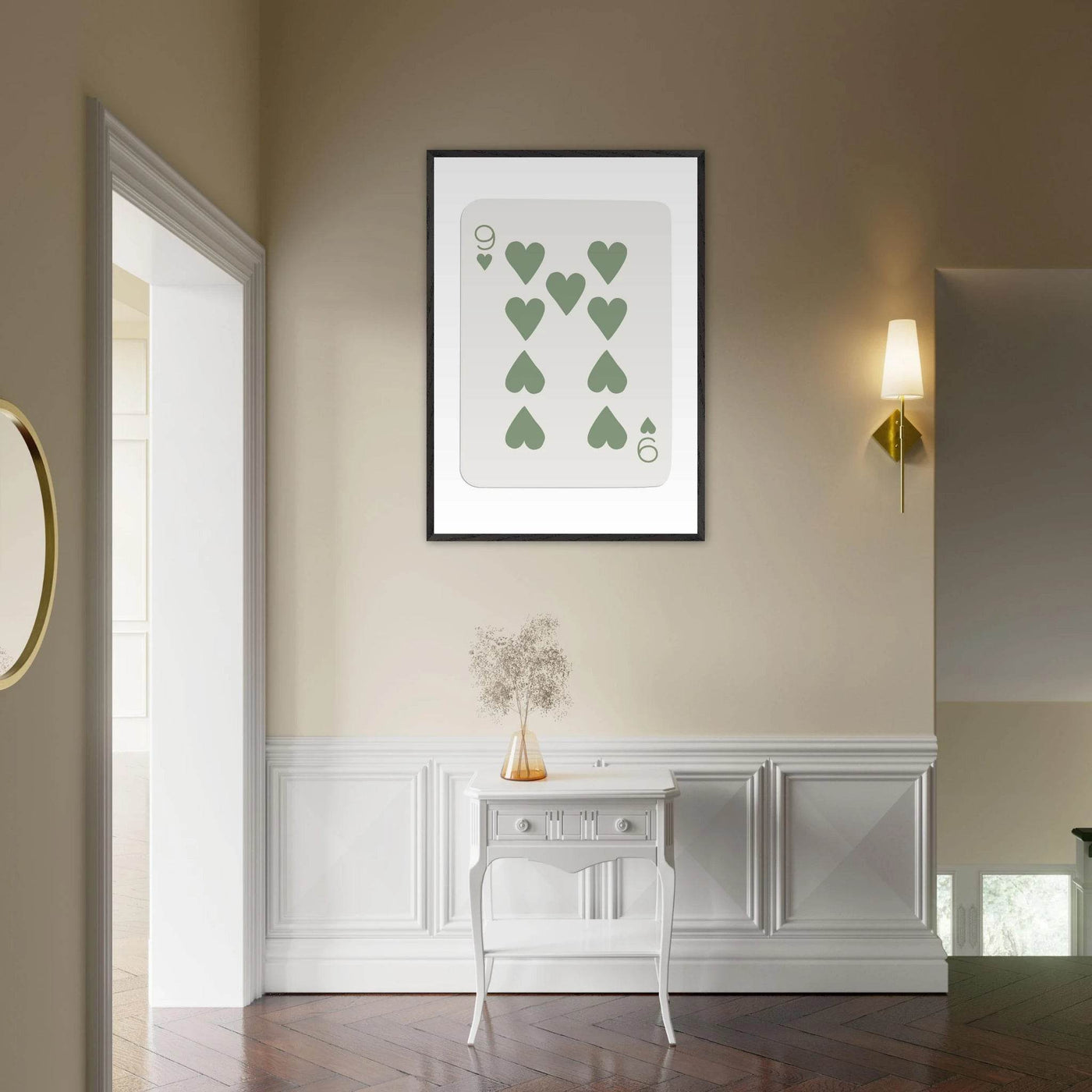 Minimalist Nine of Hearts Poker Card Print - Mounted Framed Wall Art, Sage Green Boho Decor, Eco-Friendly Wood Frame - Vibrantwalls