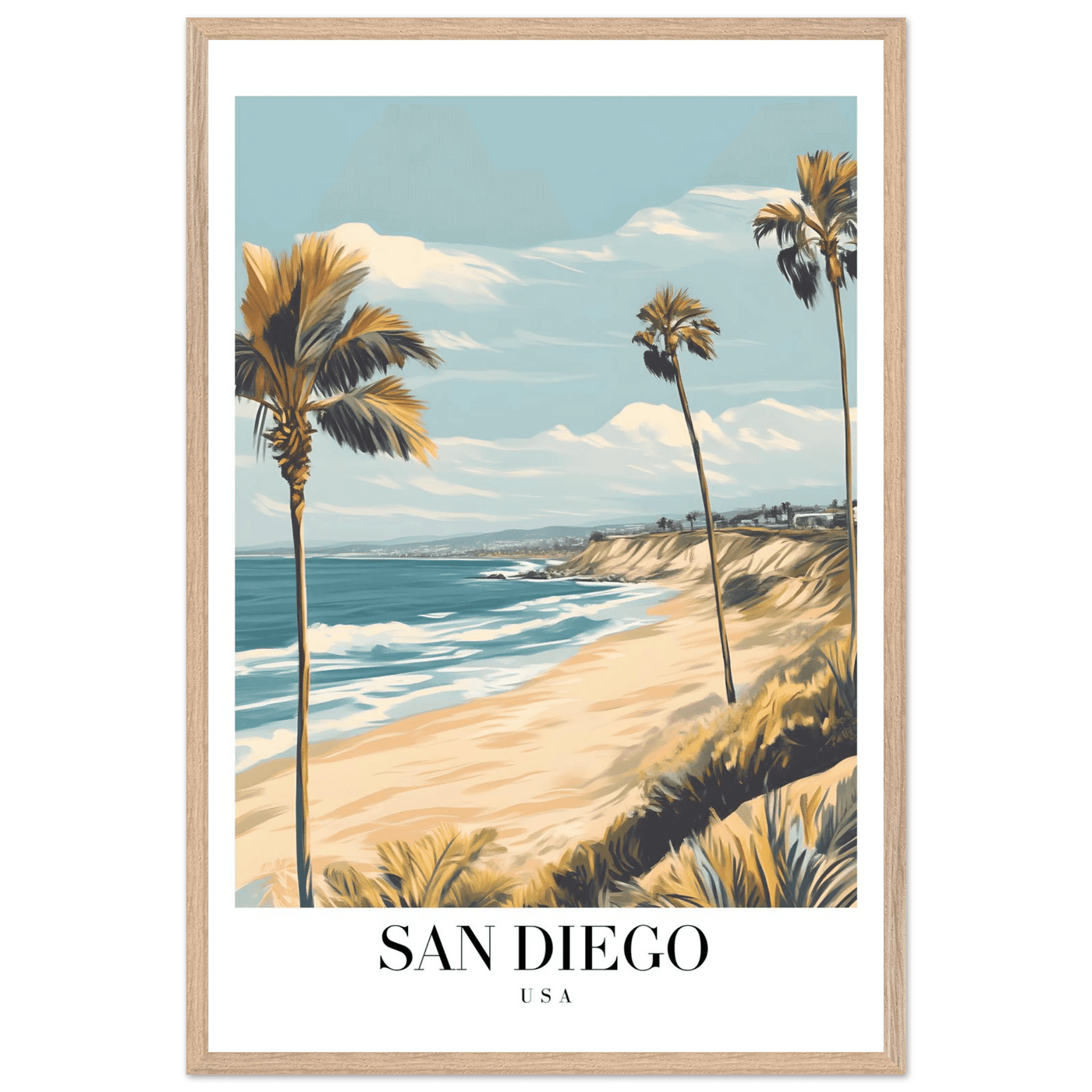 San Diego USA Framed Poster – Vintage Beach Travel Wall Art with Wooden Frame in Your Choice of Size and Finish - Vibrantwalls