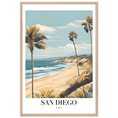 San Diego USA Framed Poster – Vintage Beach Travel Wall Art with Wooden Frame in Your Choice of Size and Finish - Vibrantwalls