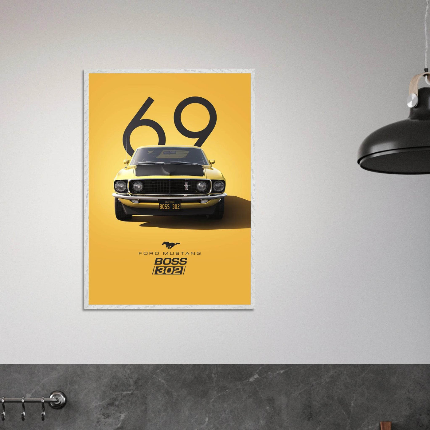 1969 Ford Mustang Boss 302 '69 - Iconic Yellow Framed Poster | Ready-to-Hang, Premium Art Print - Vibrantwalls