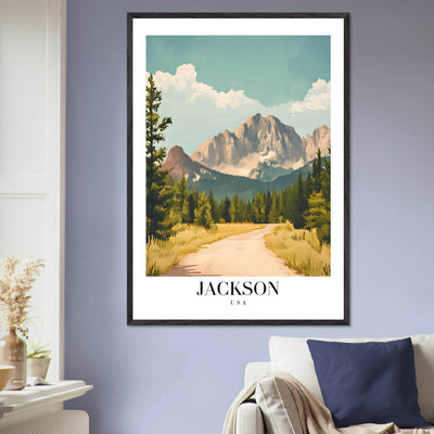 Jackson USA Mountain Landscape Framed Poster – Vintage Travel Wall Art with Wooden Frame - Vibrantwalls