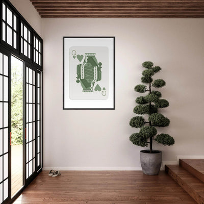 Queen of Spades Poker Card Print - Sage Green Wall Art - Mounted Framed Poster, Eco-Friendly Wood Frame - Vibrantwalls