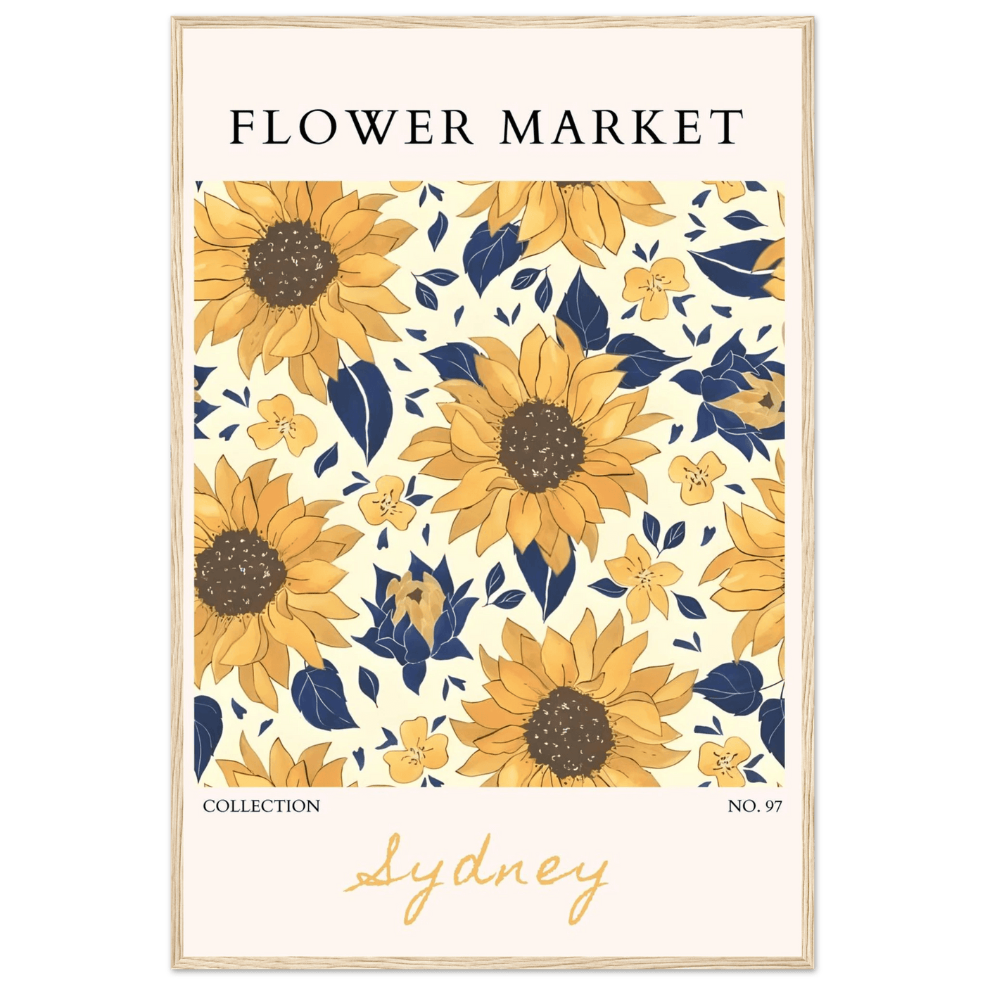 Vibrant Sunflower & Navy Floral Framed Poster – 'Flower Market Sydney' Collection | Ready-to-Hang Wall Art - Vibrantwalls
