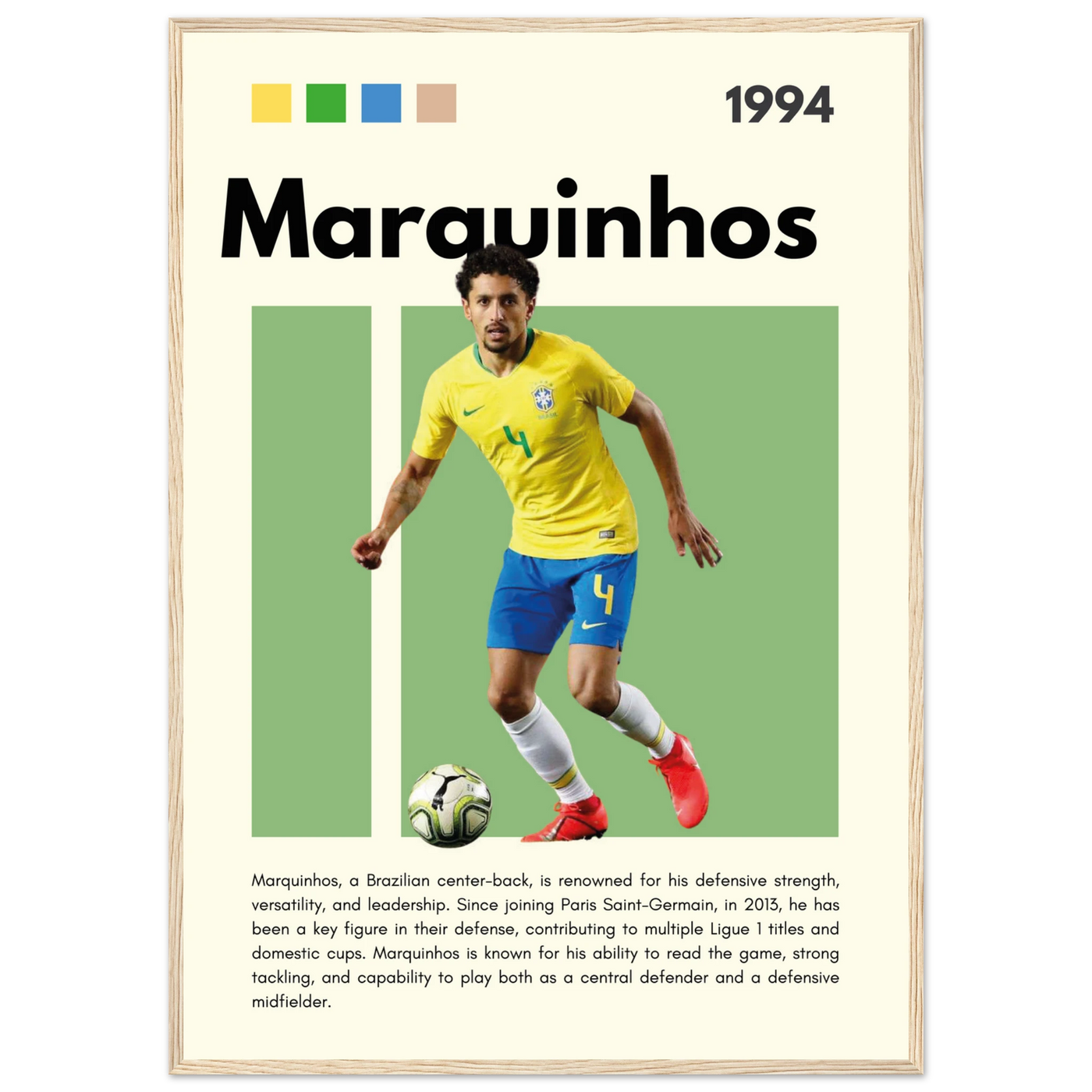 Marquinhos Brazil Football Framed Poster – Iconic Soccer Art Print for Fans A1 (59.4 x 84.1 cm) Wood frame Vibrantwalls