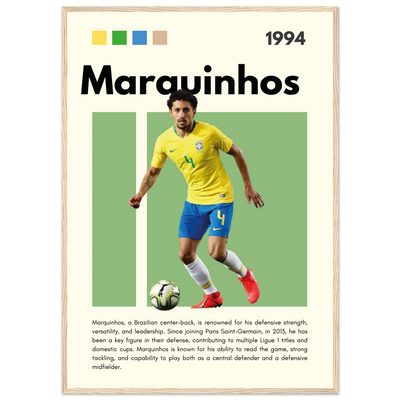 Marquinhos Brazil Football Framed Poster – Iconic Soccer Art Print for Fans A1 (59.4 x 84.1 cm) Wood frame Vibrantwalls