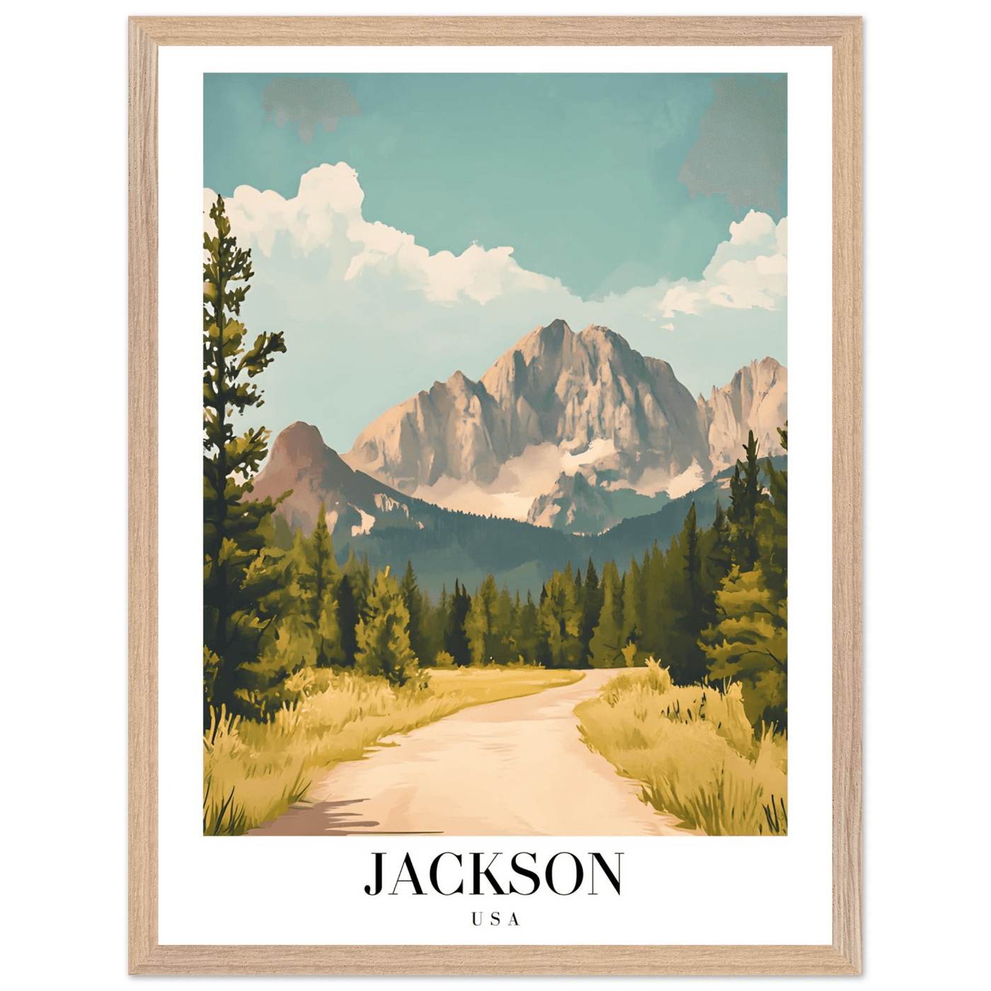 Jackson USA Mountain Landscape Framed Poster – Vintage Travel Wall Art with Wooden Frame - Vibrantwalls