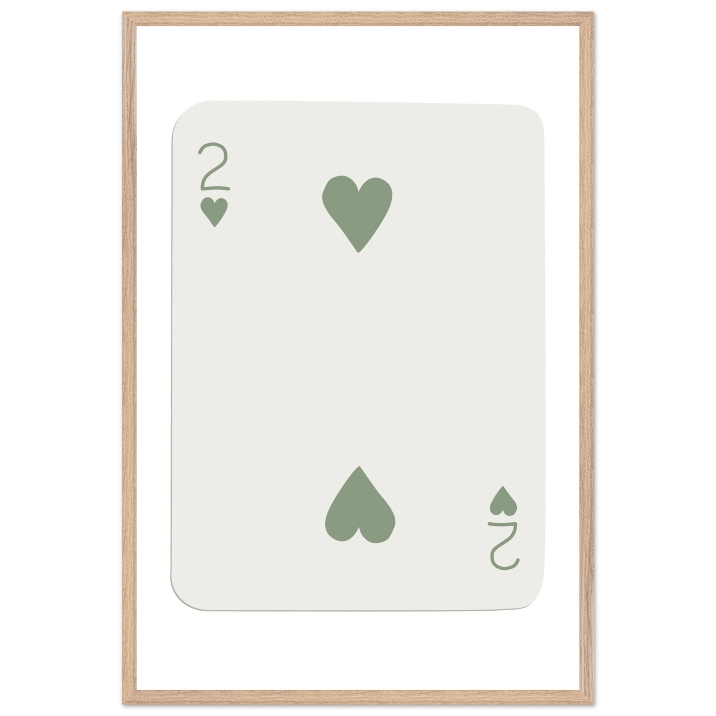 Minimalist Two of Hearts Poker Card Print - Sage Green & Cream Framed Art for Modern Decor, Eco Wood Frame - Vibrantwalls