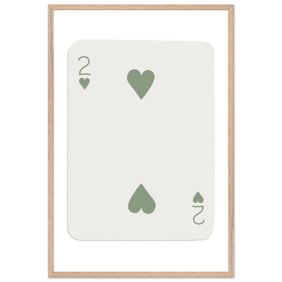 Minimalist Two of Hearts Poker Card Print - Sage Green & Cream Framed Art for Modern Decor, Eco Wood Frame - Vibrantwalls