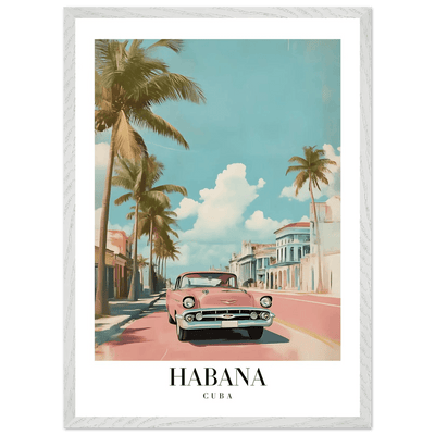 Habana Cuba Framed Poster – Vintage Pink Car Travel Art with Wooden Frame - Vibrantwalls