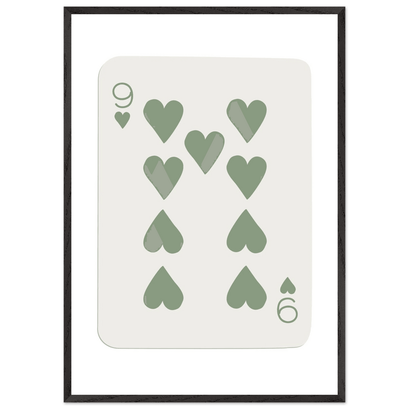 Minimalist Nine of Hearts Poker Card Print - Mounted Framed Wall Art, Sage Green Boho Decor, Eco-Friendly Wood Frame - Vibrantwalls