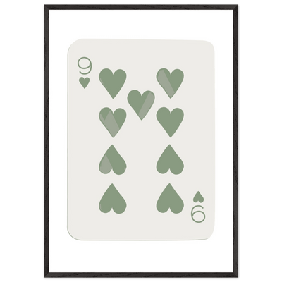 Minimalist Nine of Hearts Poker Card Print - Mounted Framed Wall Art, Sage Green Boho Decor, Eco-Friendly Wood Frame - Vibrantwalls