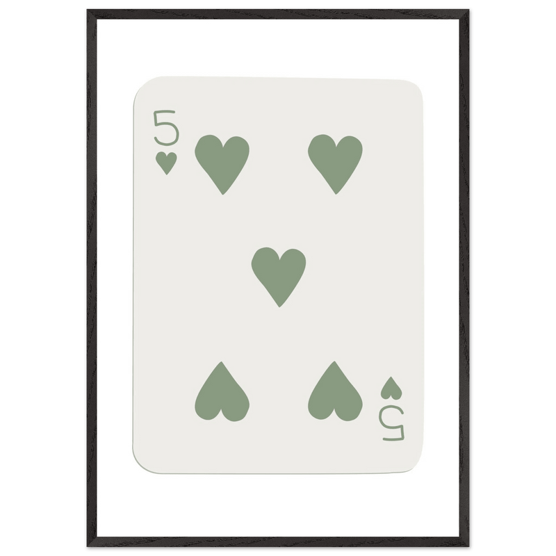 Five of Hearts Poker Card Print - Sage Green Aesthetic Framed Art, Eco-Friendly Wood Frame in Multiple Sizes - Vibrantwalls