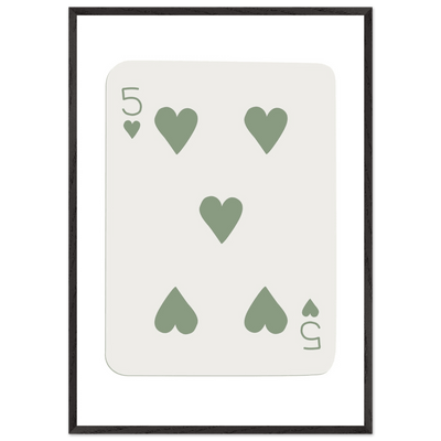 Five of Hearts Poker Card Print - Sage Green Aesthetic Framed Art, Eco-Friendly Wood Frame in Multiple Sizes - Vibrantwalls