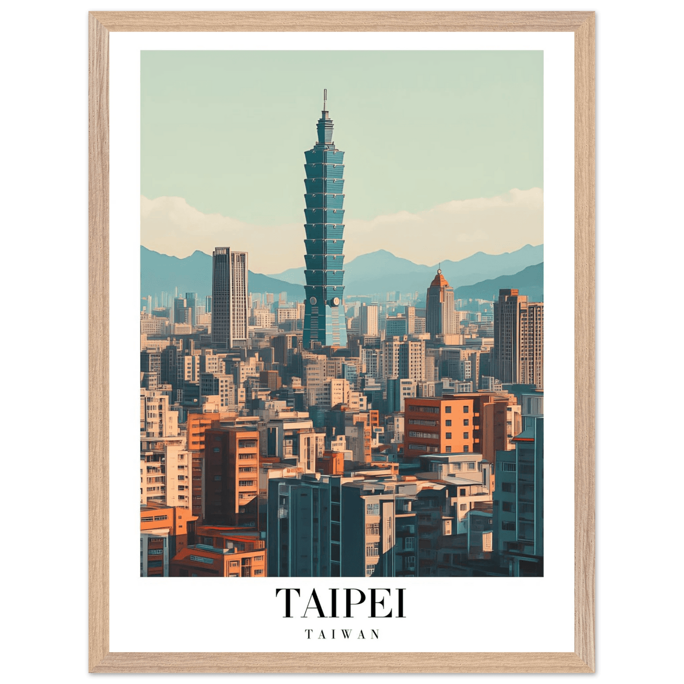 Taipei Taiwan Cityscape Framed Poster – Modern Retro Travel Art with Wooden Frame Options - Vibrantwalls
