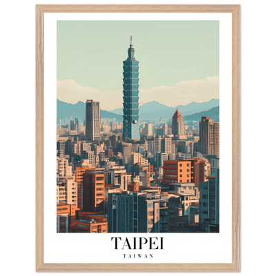 Taipei Taiwan Cityscape Framed Poster – Modern Retro Travel Art with Wooden Frame Options - Vibrantwalls