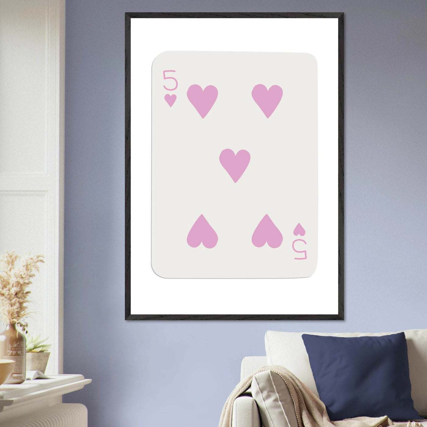 Five of Hearts Poker Card Print - Soft Pink Framed Poster Art, Eco-Friendly Wood Frame - Vibrantwalls