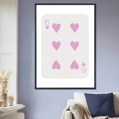 Minimalist Pink Six of Hearts Poker Card Print - Mounted Framed Eco-Friendly Wood Art - Vibrantwalls