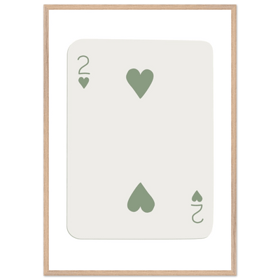 Minimalist Two of Hearts Poker Card Print - Sage Green & Cream Framed Art for Modern Decor, Eco Wood Frame - Vibrantwalls