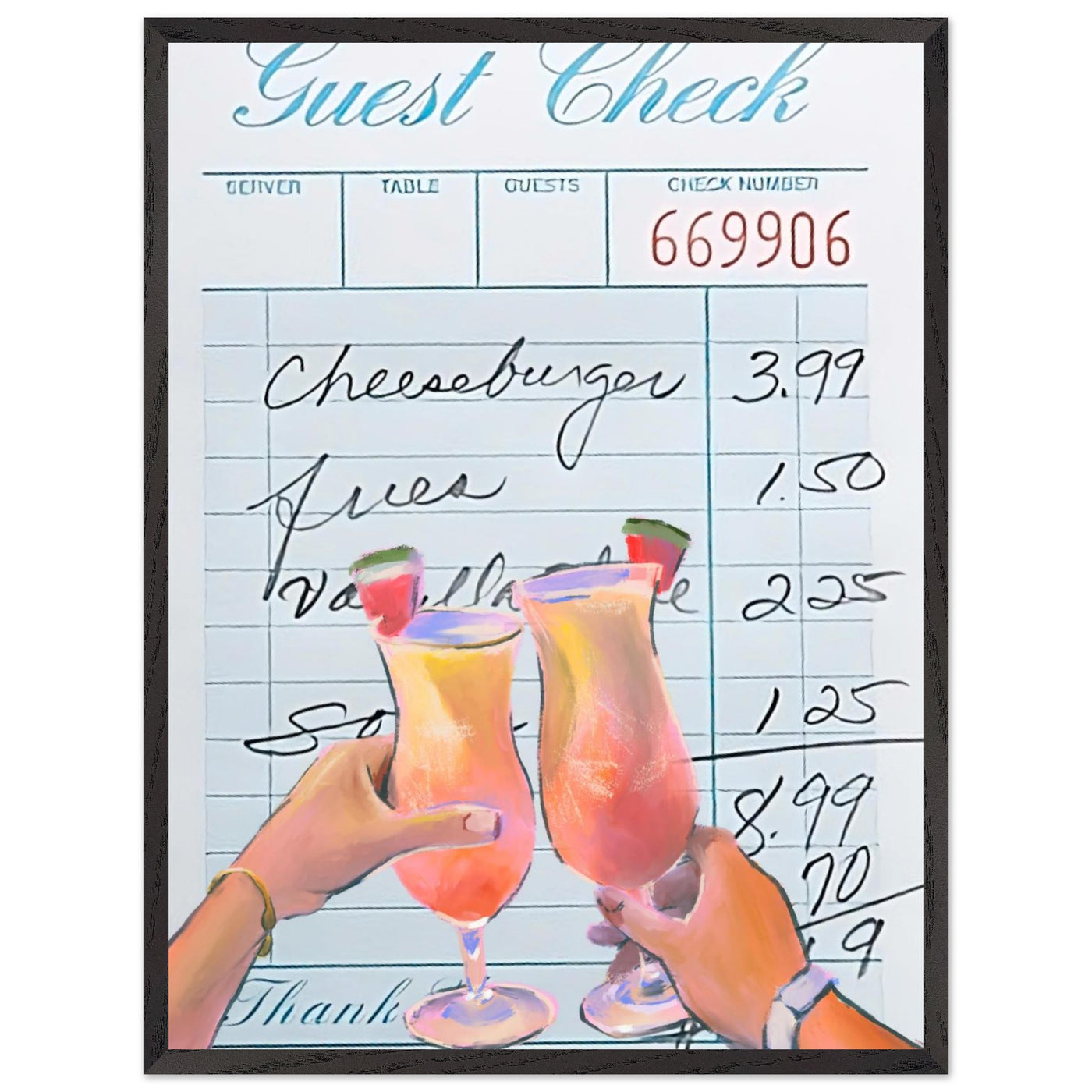 Retro Diner Cocktail "Guest Check" 60x80 cm 24x32″ Black frame Ready-to-hang Vibrantwalls