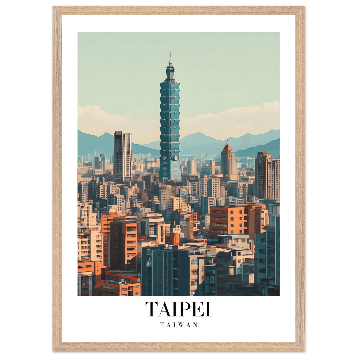 Taipei Taiwan Cityscape Framed Poster – Modern Retro Travel Art with Wooden Frame Options - Vibrantwalls