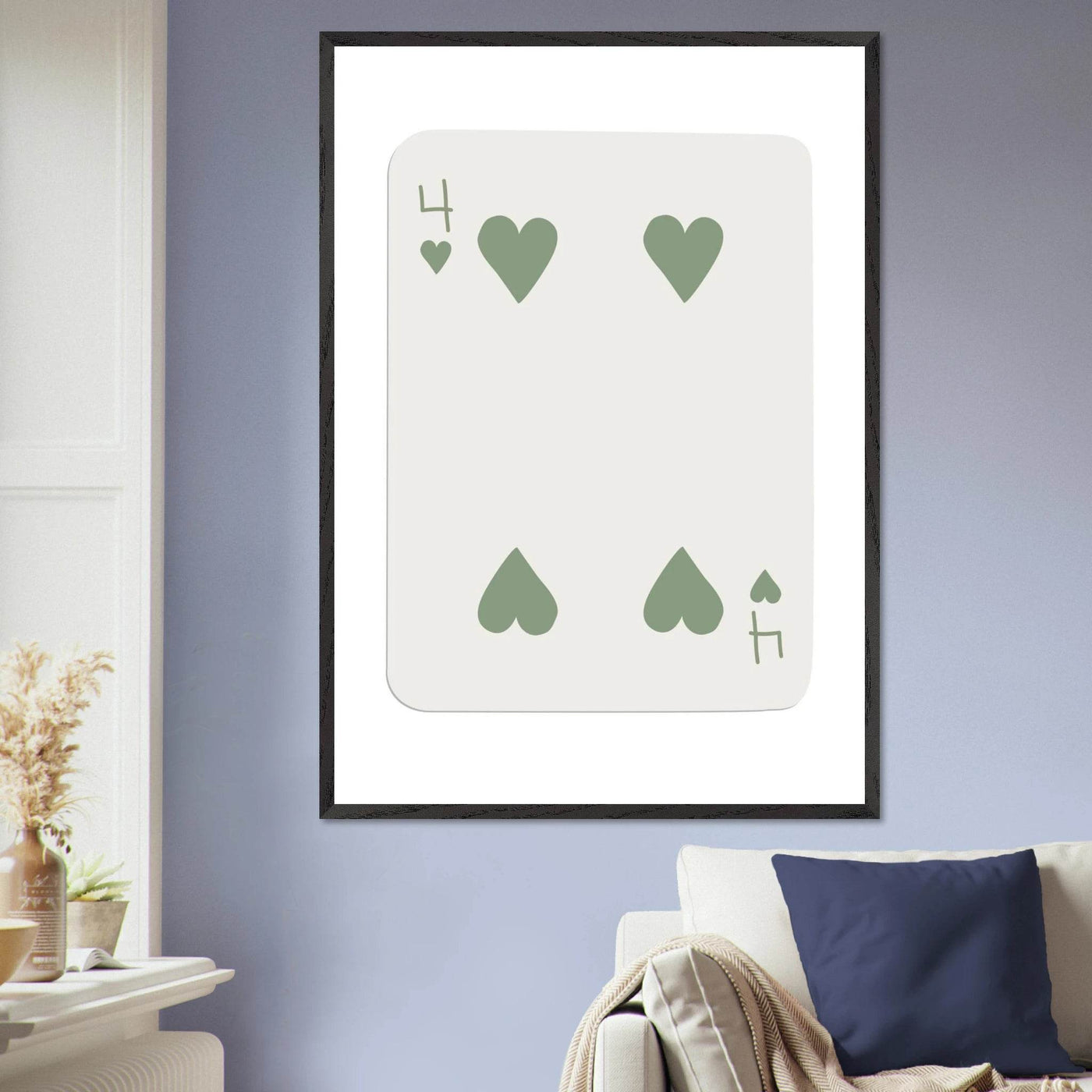 Minimalist Poker Card Art - Four of Hearts - Framed Poster, Sage Green Eco-Friendly Wood Frame - Vibrantwalls