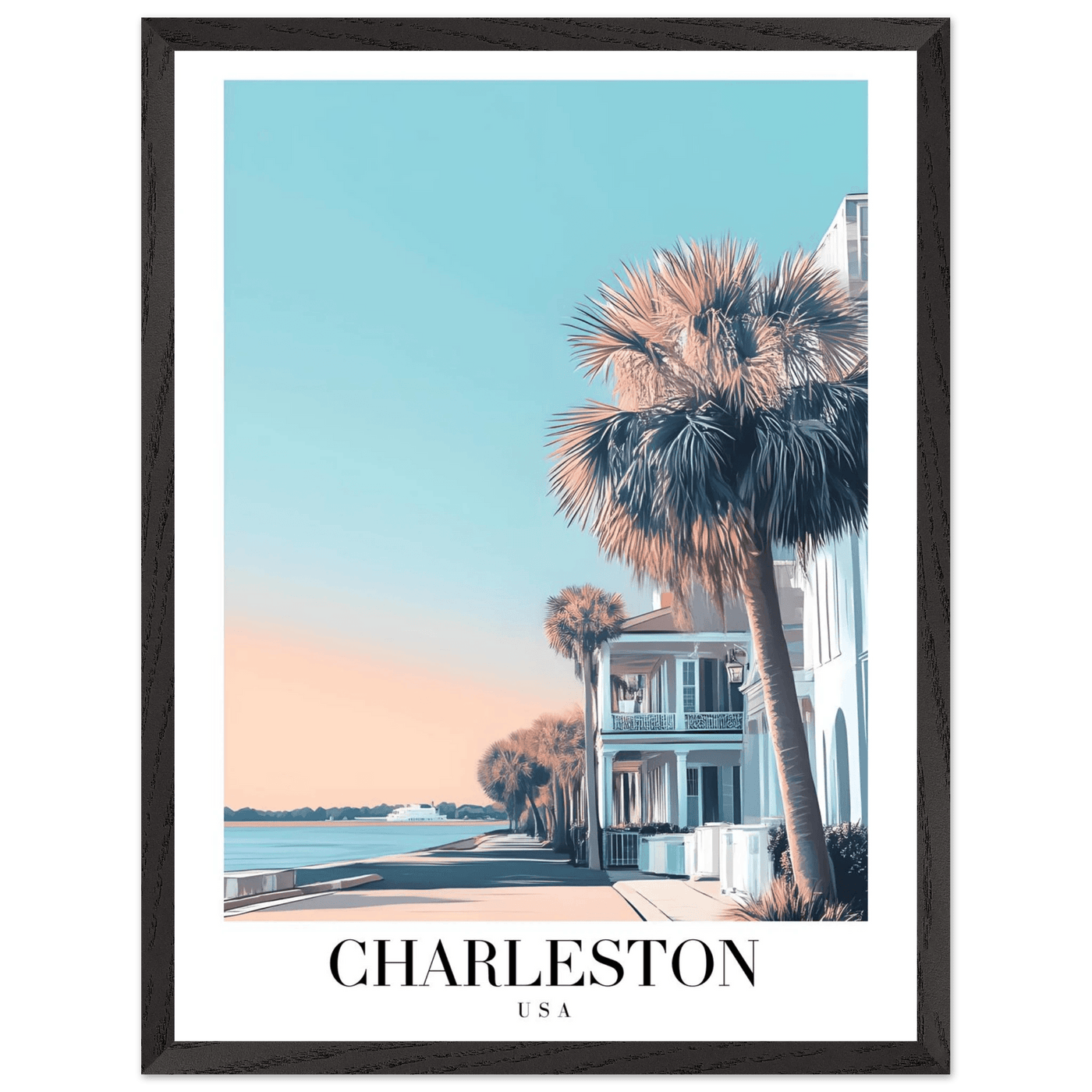 Charleston USA Framed Poster – Coastal Vintage Wall Art with Wooden Frame and Serene Sunset Hues - Vibrantwalls