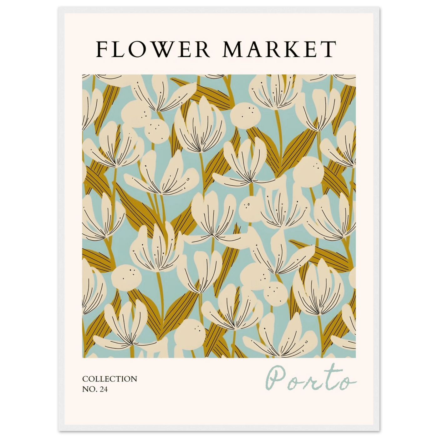 Flower Market Porto Abstract Floral Framed Poster | Calming Blue & Gold Botanical Art Print, Ready-to-Hang - Vibrantwalls