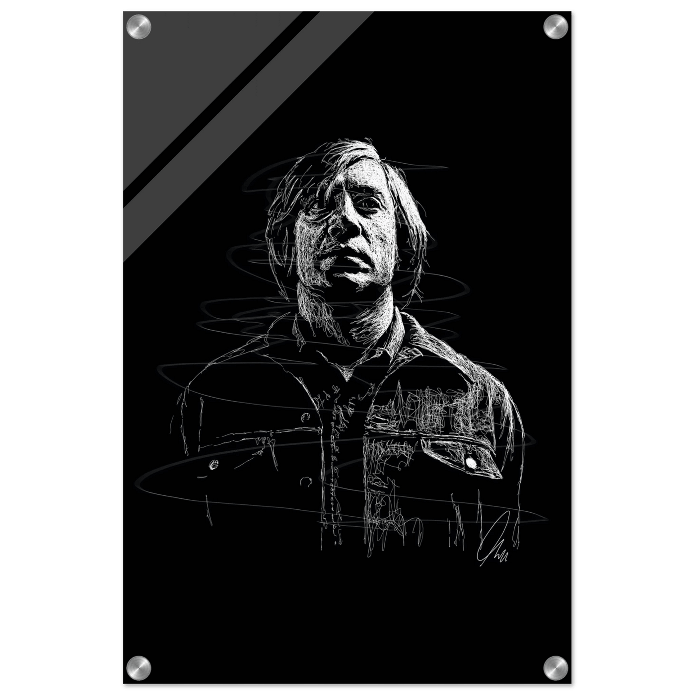 Javier Bardem in No Country for Old Men – Iconic Scrawl Art Acrylic Print - Vibrantwalls