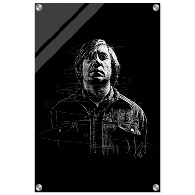 Javier Bardem in No Country for Old Men – Iconic Scrawl Art Acrylic Print - Vibrantwalls