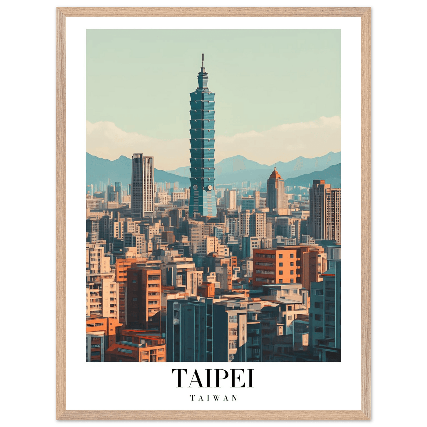 Taipei Taiwan Cityscape Framed Poster – Modern Retro Travel Art with Wooden Frame Options - Vibrantwalls