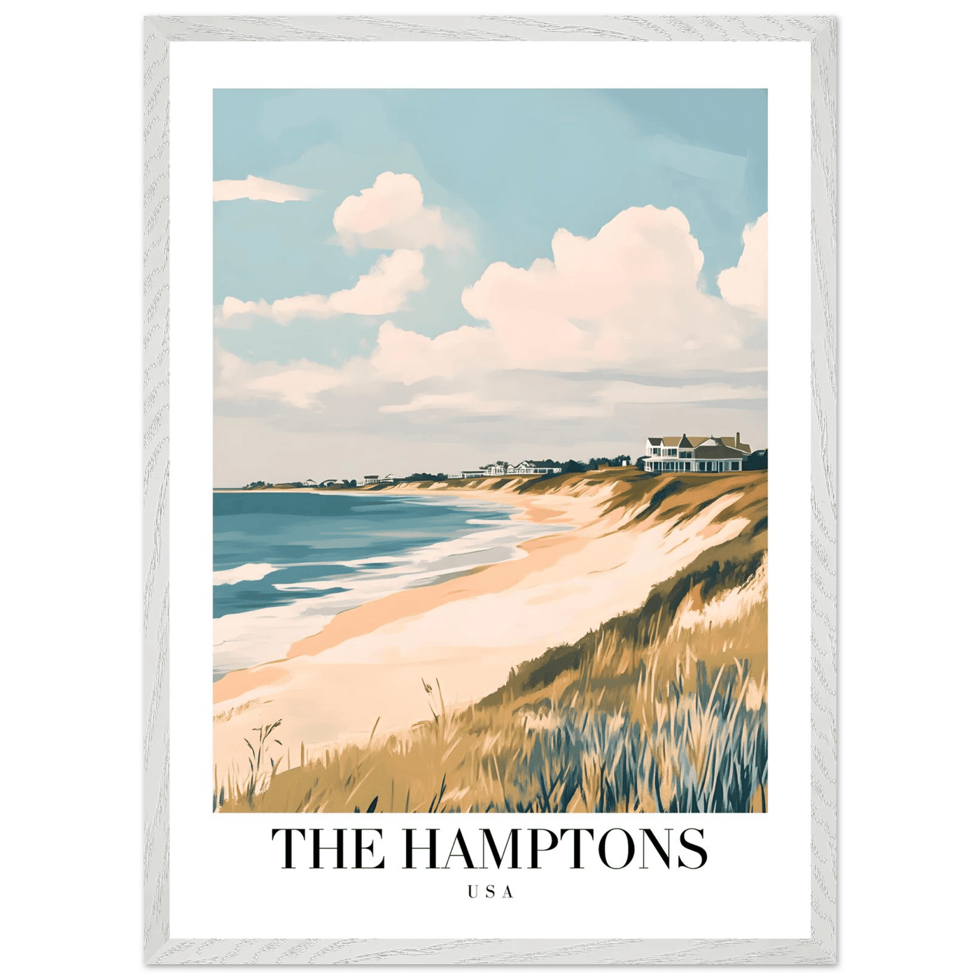 The Hamptons USA Framed Poster – Coastal Chic Vintage Travel Wall Art in Various Sizes & Frame Finishes - Vibrantwalls