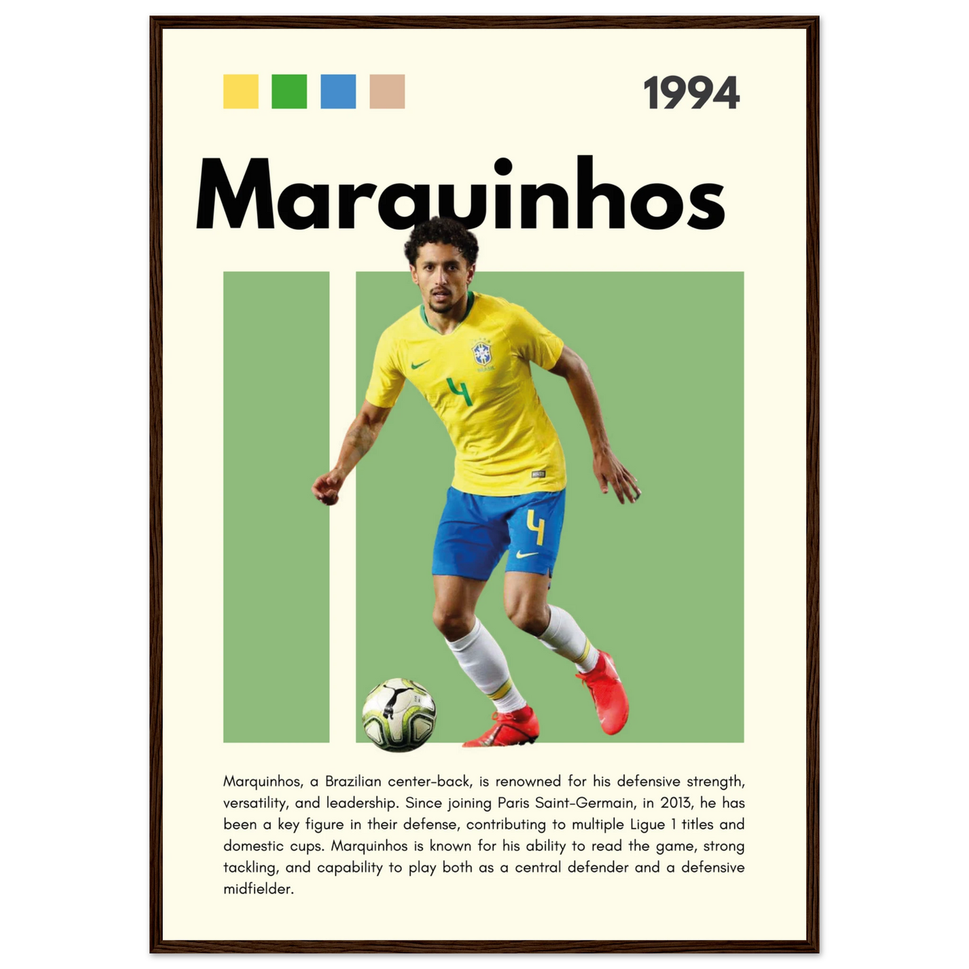 Marquinhos Brazil Football Framed Poster – Iconic Soccer Art Print for Fans A1 (59.4 x 84.1 cm) Dark wood frame Vibrantwalls