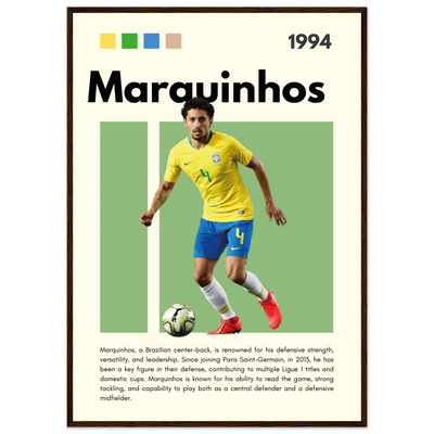 Marquinhos Brazil Football Framed Poster – Iconic Soccer Art Print for Fans A1 (59.4 x 84.1 cm) Dark wood frame Vibrantwalls