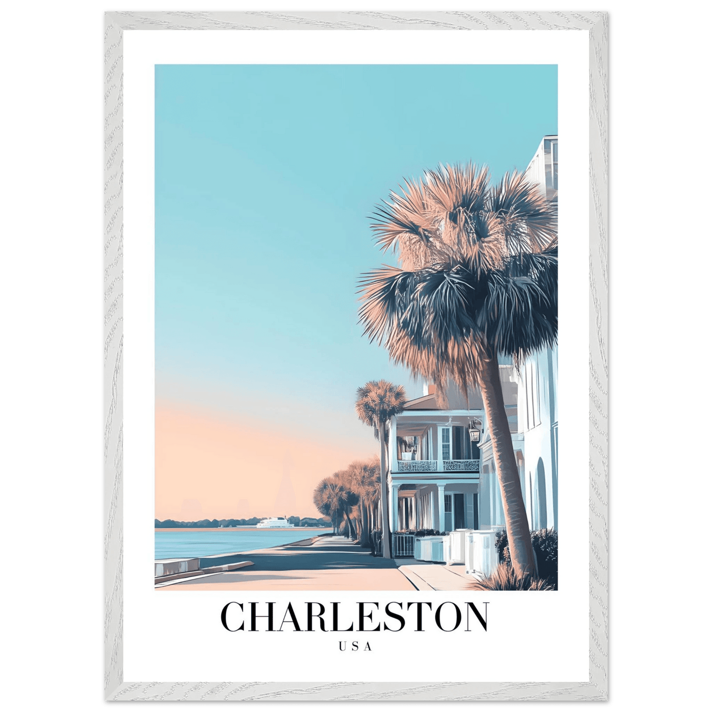 Charleston USA Framed Poster – Coastal Vintage Wall Art with Wooden Frame and Serene Sunset Hues - Vibrantwalls