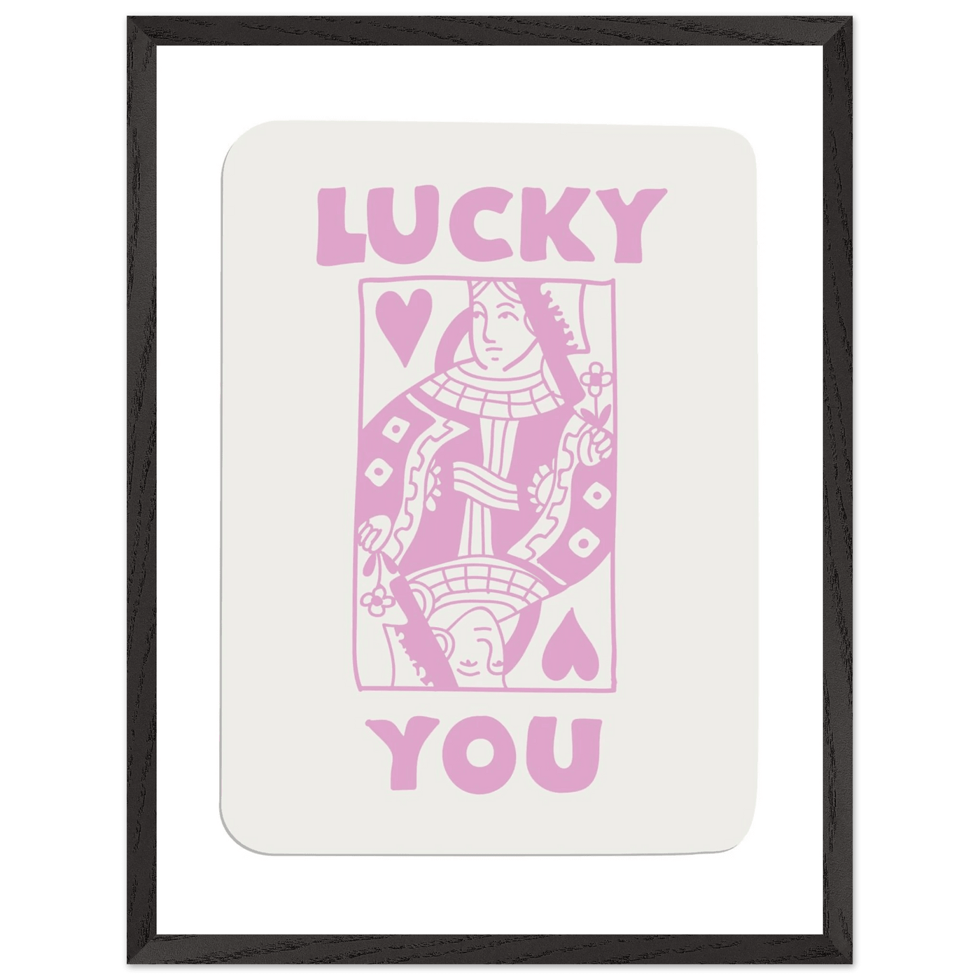 Lucky You Poker Card Art Print - Queen of Hearts Framed Poster, Pink & Cream Aesthetic Decor - Vibrantwalls
