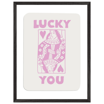 Lucky You Poker Card Art Print - Queen of Hearts Framed Poster, Pink & Cream Aesthetic Decor - Vibrantwalls