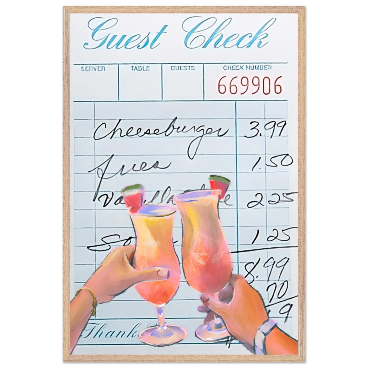 Retro Diner Cocktail "Guest Check" 60x90 cm 24x36″ Wood frame Ready-to-hang Vibrantwalls