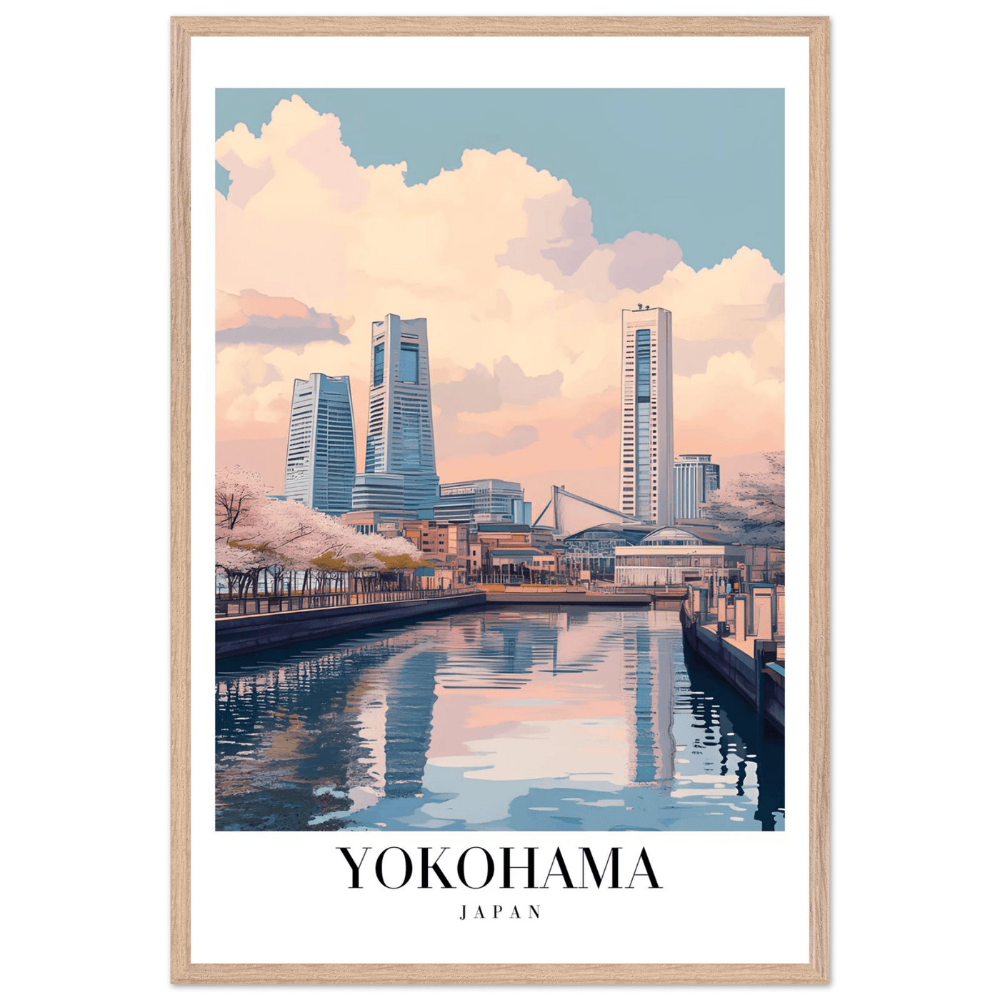 Yokohama Japan Framed Poster – Serene Pastel Cityscape Wall Art with Wooden Frame - Vibrantwalls