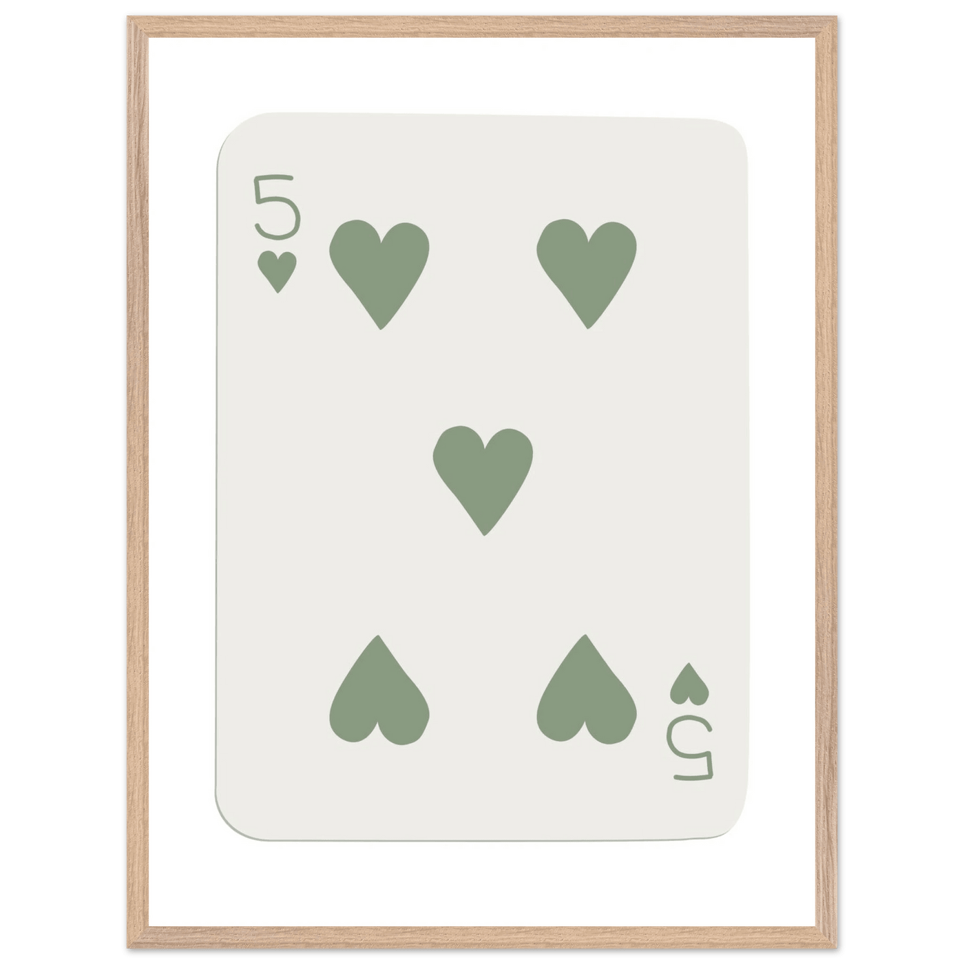 Five of Hearts Poker Card Print - Sage Green Aesthetic Framed Art, Eco-Friendly Wood Frame in Multiple Sizes - Vibrantwalls