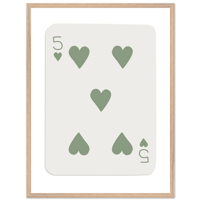 Five of Hearts Poker Card Print - Sage Green Aesthetic Framed Art, Eco-Friendly Wood Frame in Multiple Sizes - Vibrantwalls