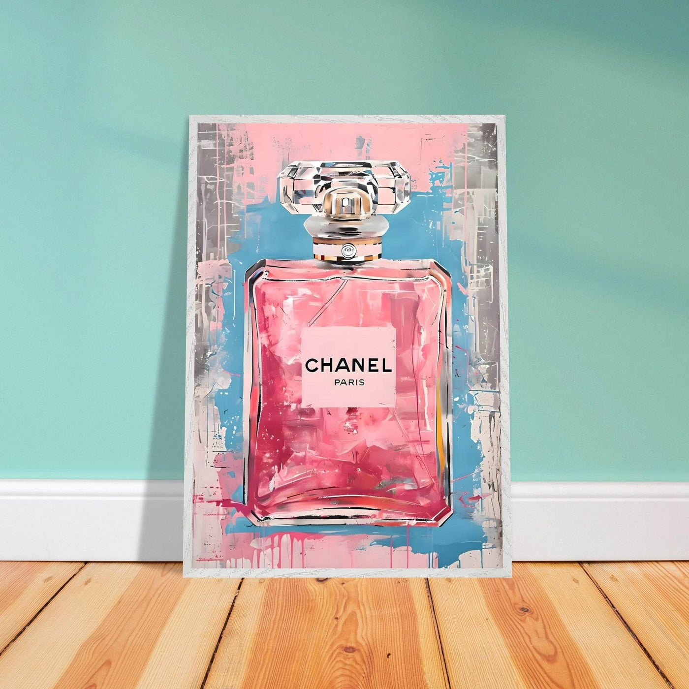 Coco Mademoiselle Chanel Art Print - Pink & Blue Pop Art Style Framed Poster - Vibrantwalls
