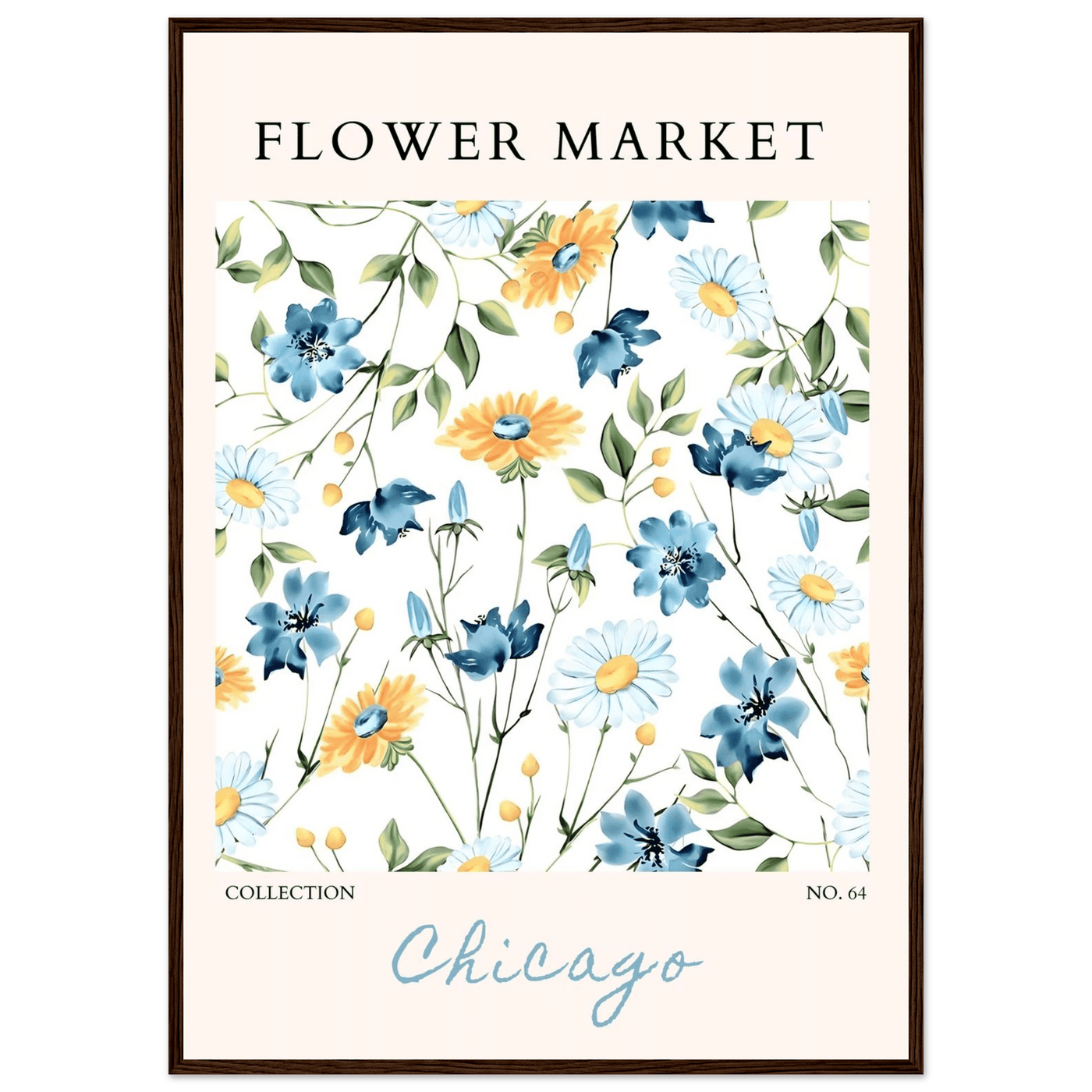 Flower Market Chicago Collection Framed Poster – Whimsical Blue & Yellow Floral Art Print | Ready-to-Hang - Vibrantwalls